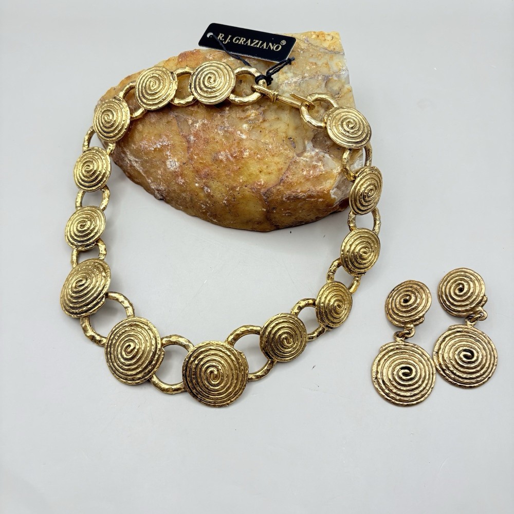 R.J. Graziano Necklace Earrings Set NWT Gold Tone Spiral Disc Statement Collar