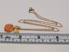 Krementz Carved Coral Rose Flower With Gold Tone Leaves Pendant On 17.75″ Chain.