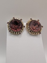 Vintage Pink Amethyst Glass Rhinestone Halo Clip On Earrings Large 21mm