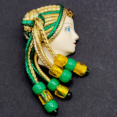 Lady Face Hand Painted Resin Braided Bead Long Hair Art Deco Revival Brooch Pin