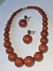 Antique BAKELITE NECKLACE Tapered Beads w RARE MATCHING EARINGS 3 pc Red Orange
