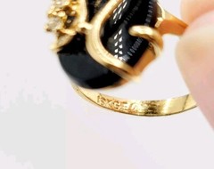 Vtg Sz 7 Ring Genuine Black Oval Onyx Rhinestones Fashion Jewelry 18KGE Sty#5
