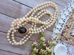 Vintage Faux Pearl Necklace Glass Cameo Brooch Clasp Convertible 26″ 28″ Repair