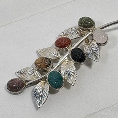 VTG Egyptian Scarab Leaf Brooch Pin Multi Gemstone Sterling Silver Designer JJJ