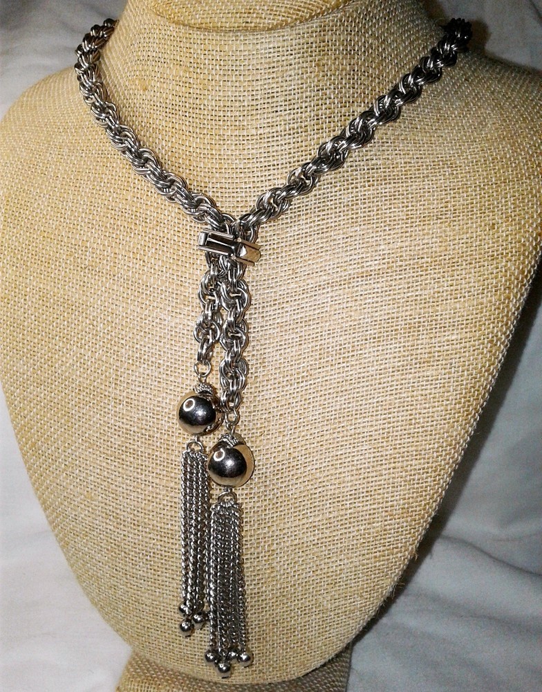 Vintage 1960’s Lariat Tassel Necklace Silvertone Heavy Rope Chain Unsigned Monet