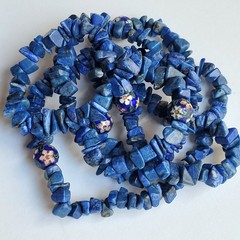 VTG Blue Lapis Sodalite Chip Cloisonne Enamel Beads Flower Necklace 34″ No Clasp