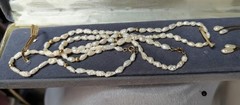 Vtg 3 pc Pearl Seed 17′ Long Necklace w/Pearl Earrings & Pearl Bracelet 7 1/2