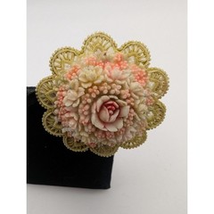 VINTAGE Floral Celluloid Brooch Pink Cream Layered Bouquet 2.25in Japan READ
