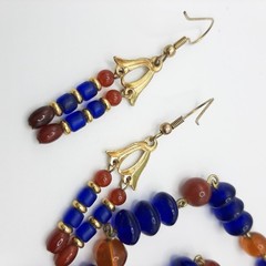 Egyptian Revival Carnelian And Blue Glass Vintage Necklace And Earrings Set