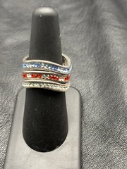 Vintage Sterling Silver Ring stackable Rhinestone Red White Blue USA July Sz 7