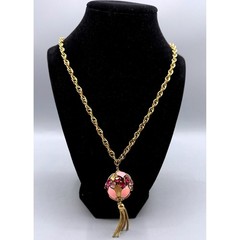 Vintage Gold Tone Orb Pendant Necklace Pink Enamel Rhinestone Tassel 28 Inch