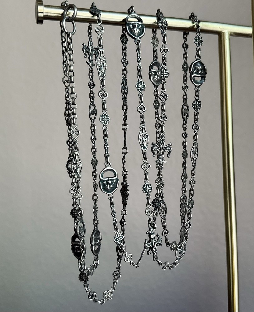 Impressive Antique Peruzzi 800 Silver 60” Muff Chain Grotesques & Fleur de Lis