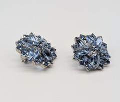 Blue Navette Rhinestone Bar Brooch And Clip On Earrings Open Back