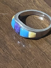 Vintage Southwest Style Sterling Silver Multi Stone Inlay Band Ring Size 7 3.76g