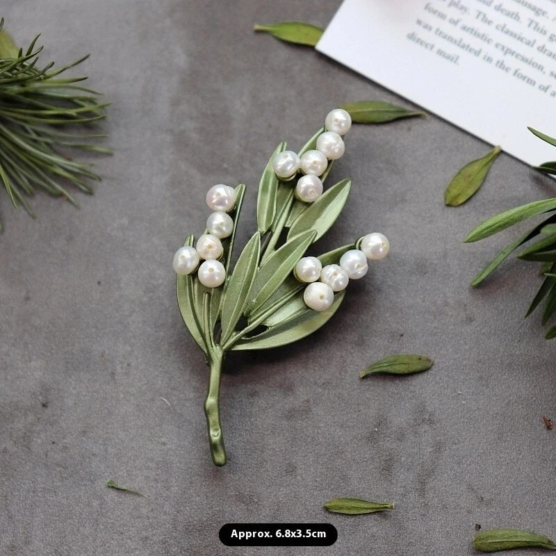 New Fashion Vintage Style Green Color Plant Pearls Brooch Stick Pin Adjustable