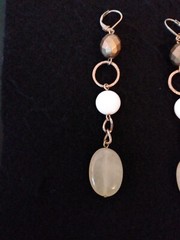 Vtg Brushed Gold & White Cabochon Stone Dangle Leverback Earrings 3.5 in Long