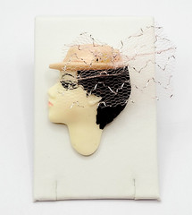 Painted Lady Face with Pink Hat and Veil Short Hair Brunette Vintage Brooch Pin
