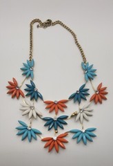 Vintage Flowers Beaded Bib Gold Tone Necklace Petals Of Teal Blue Orange White