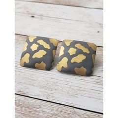 Vintage Clip On Earrings Gray & Gold Tone Square Shape Cloud Pattern Large