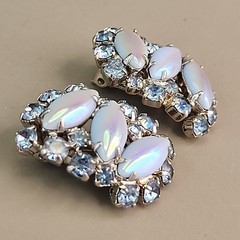 Vintage Rhinestone Clip On Earrings Blue AB Marquise Silver Tone 1.25″