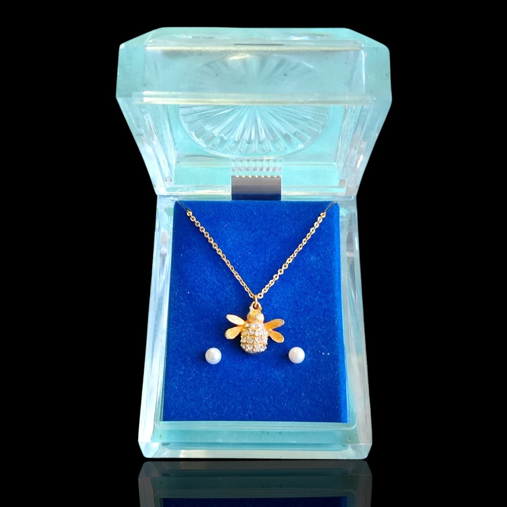 Vtg Gold Tone 18in Crystal Rhinestone Bee Necklace With Imitation Pearl Studs