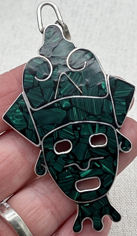 Vintage HOB Mexico 925 Sterling Silver Malachite Pendant Aztec Mayan Face 3.25”