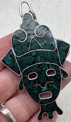 Vintage HOB Mexico 925 Sterling Silver Malachite Pendant Aztec Mayan Face 3.25”
