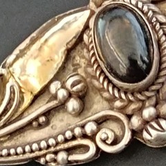 Vintage Silver 22K Gold Brooch Black Stone Floral Romantic Art Nouveau Revival