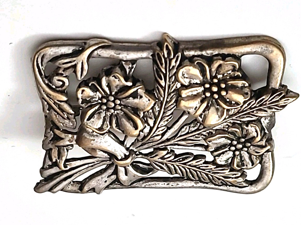 Vintage Silver Plate 2″ Pin Brooch Flowers Bouquet w Bow 1940s Jewelry Victorian