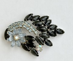 D&E Vintage Flower Corsage Ice Blue & Onyx Navette Brooch Pin & Clip-on Earrings