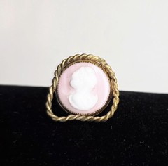 Antique 6.25″ Pink and White Shell Portrait Cameo Hat Pin Set in Brass