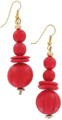 Long Red Genuine Wood Round Beaded Dangle Earrings Pierced 3″ Vintage