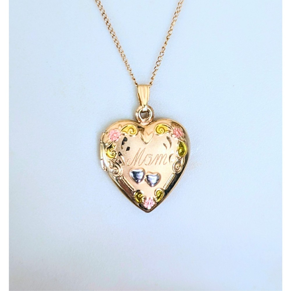 Vintage 1/20 14k Yellow Gold Filled MOM Heart Locket w/ Pink Flowers Necklace