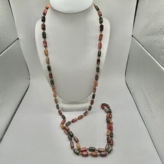 Vintage 48” Acrylic Rectangular Beads Necklace – Gold Tone Chain – Autumn Hues