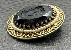 Vintage Black Glass Left Facing Cameo Brooch Pendant Faux Pearl Ornate Frame