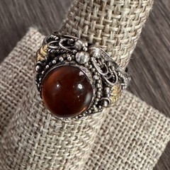 Vintage 925 Sterling Silver Genuine Amber Ring Cognac Cabochon Floral Sz 6.75