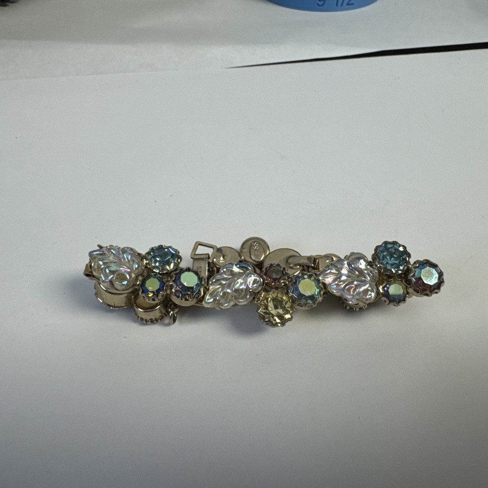 Vintage Weiss GoldTone Blue/Pink /Green and Leaf Aurora Borealis Bracelet