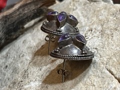36. Vintage Tribal 925 Sterling Amethyst Stone Button Stud Earrings 21mm, 10.4g