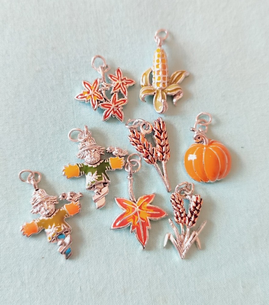 Enamel Silver Plate Fall Season Charm Pendant Lot Figural Scarecrow Corn Pumpkin