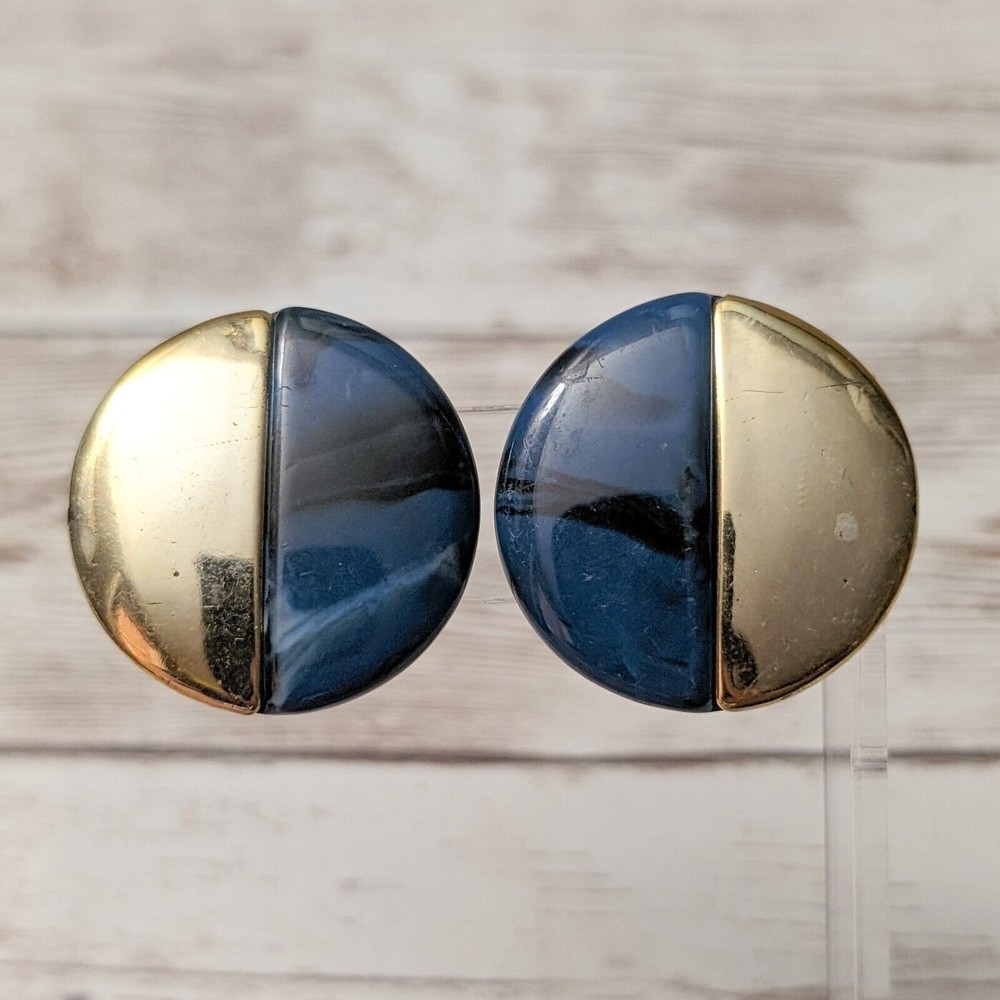 Vintage Clip On Earrings – Half Blue, Half Gold Tone 1.25″ – Fair Condition