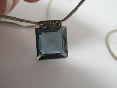Vintage Square Blue Crystal Pendant Necklace Rhinestone Accent 18″ Snake Chain