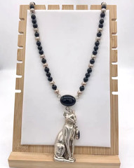 Vintage Carol Felley 1989 Sterling Onyx Cat Pendant Necklace 109 Grams