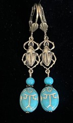 Egyptian Revival Scarab Earrings Antique Turquoise Czech Glass & Brass Filigree