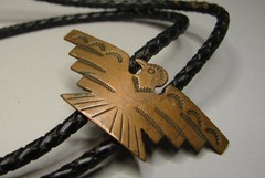 Vintage Southwestern Copper Thunderbird & Braided Leather Bolo Tie