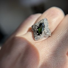 Art Deco Marquise Green Tourmaline Diamond Platinum Ring