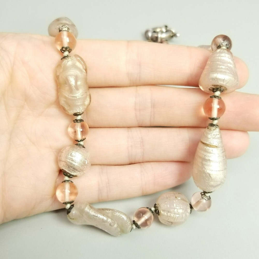 Vintage Light Pink Glass Beaded Necklace with Oversized Spring Ring, Silver Tone
