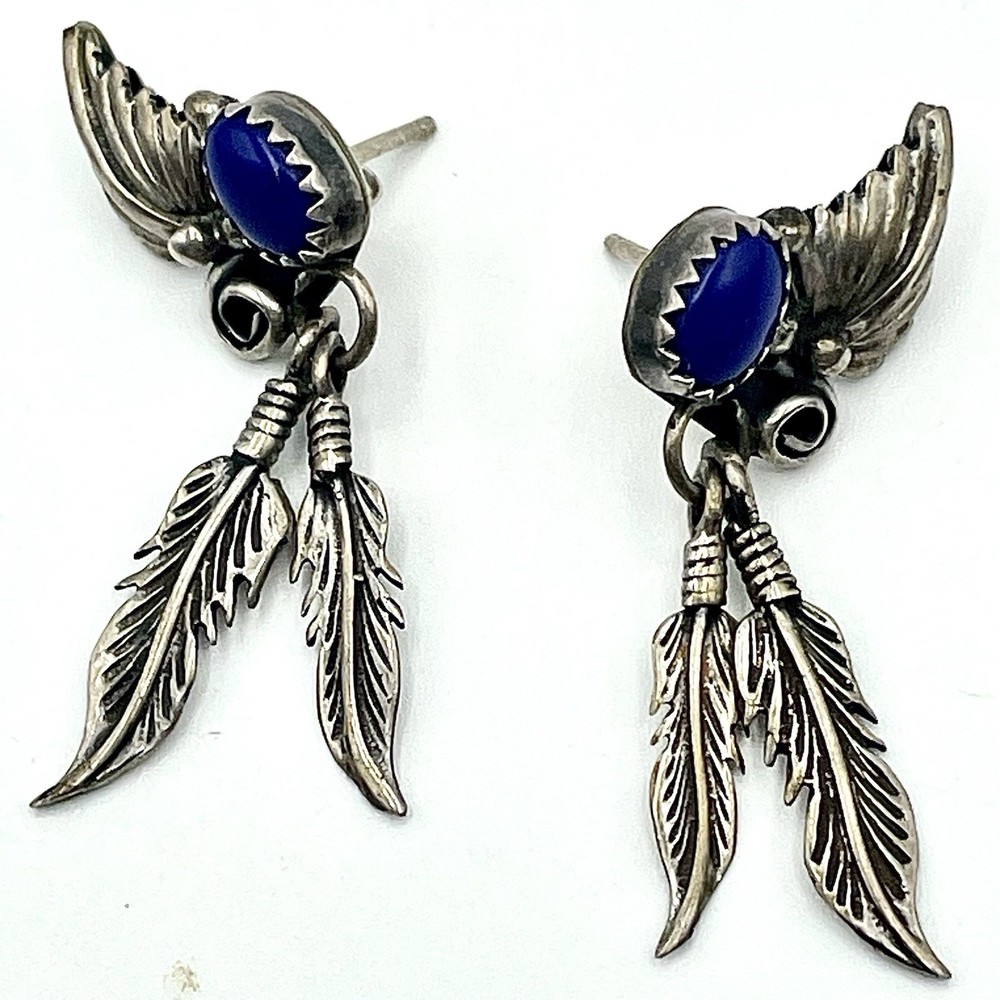 Vtg NAVAJO JERRY COWBOY Sterling Silver Lapis Lazuli Feather Dangle Earrings 4g