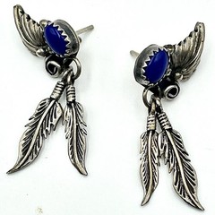Vtg NAVAJO JERRY COWBOY Sterling Silver Lapis Lazuli Feather Dangle Earrings 4g