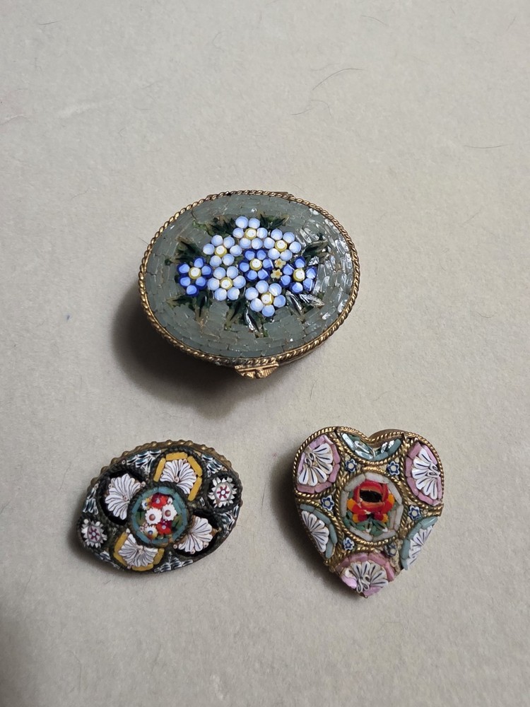 Vintage Italy Micro Mosiac Pins & Pill Box