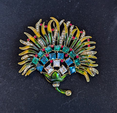 Multicolor Rhinestone Flower Fan 3 1/8″ x 3″ Dual Brooch Pin Pendant